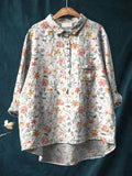 Sweet Watercolor Floral Repeat Pattern Printed Women’s Casual Cotton And Linen Shirt Multicolor / S