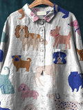 Lovely Puppy Dog Pattern Printed Women’s Casual Cotton And Linen Shirt