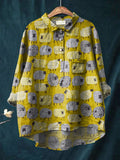 Vintage Lovely Sheep Art Print Casual Cotton And Linen Shirt Multicolor / S