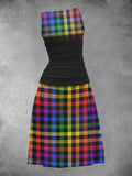 Women's Rainbow Black Plaid Gradient Art Design Maxi Dress