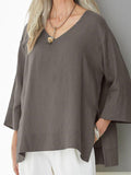 Women’s Solid Color Loose Elegant Casual Cotton And Linen T-Shirt Coffee / S