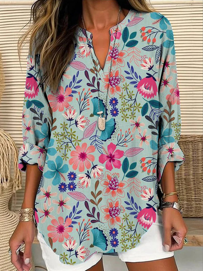 Women’s Elegant Floral Print Of Blue And Purple Flowers On Background Casual Linen V-Neck Shirt