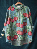 Women’s Vintage Lovely Tulips Art Print Casual Cotton And Linen Shirt Multicolor / S