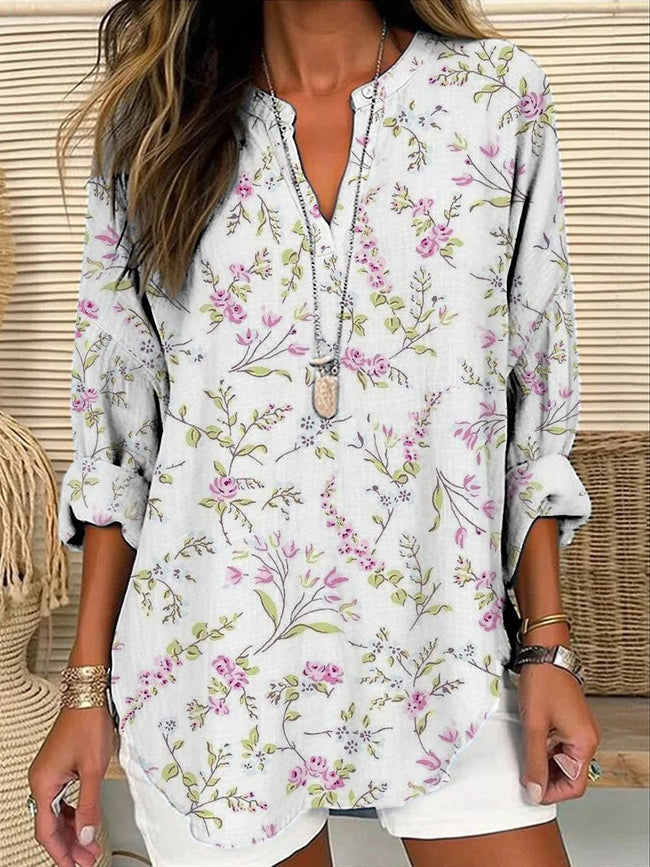 Women’s Light Purple Flower Floral Print Casual Linen V-Neck Shirt Multicolor / S