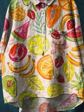 Vintage Lovely Fruits Art Print Casual Cotton And Linen Shirt