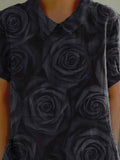 Midnight Black Rose Pattern Printed Women’s Casual Cotton And Linen Shirt