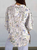 Women’s Blue Elegant Wildflower Print Casual Linen V-Neck Shirt