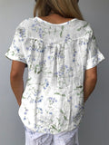 Women’s Blue Floral Print On White Background Casual Cotton And Linen Shirt