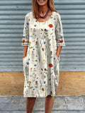 Womens Flower Art Print Linen Pocket Tunic Dress Multicolor / S