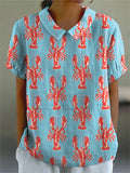 Lobster Repeat Pattern Printed Women’s Casual Cotton And Linen Shirt Multicolor / S