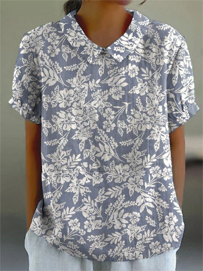 Women’s White Simple Shadow Floral Print On Blue Background Casual Cotton And Linen Shirt