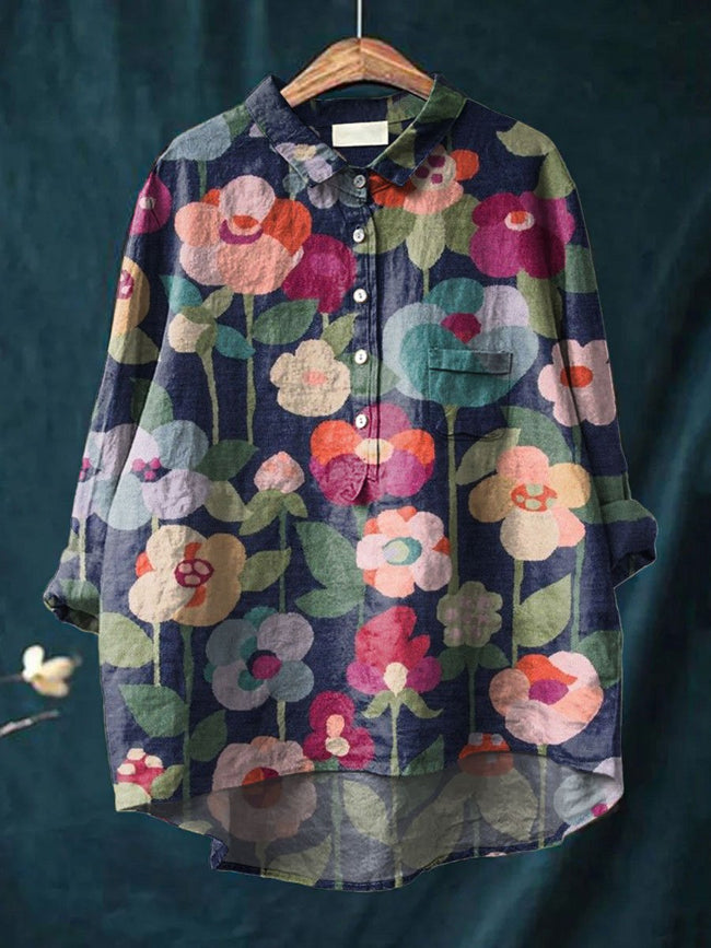 Women’s Flower Print Casual Cotton And Linen Shirt Multicolor / S