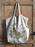 Embroidery Style Floral Bush Pattern Printed Linen Tote Bag White / 43Cmx40Cm