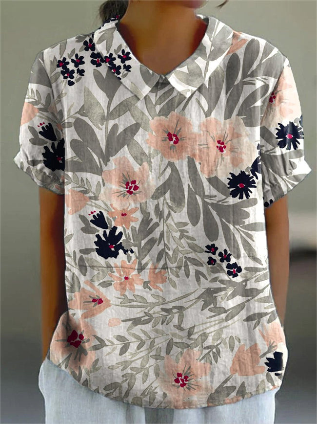 Women's Flower Art Print Casual Cotton And Linen Shirt