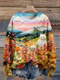 Christmas Gift  Imitation Wool Felt Texture Cat Art Print Knit Pullover Sweater