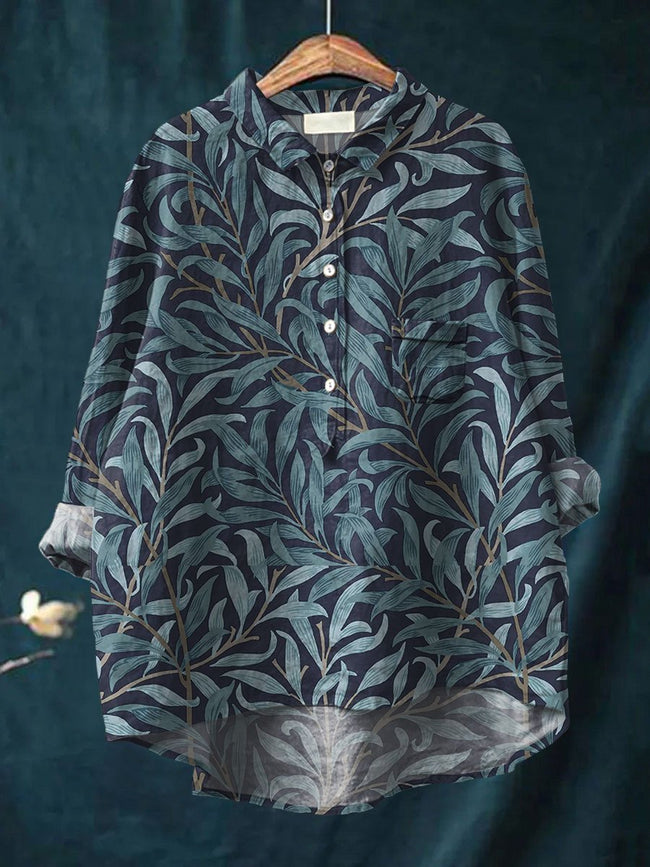 Women’s Leaves Print Casual Cotton And Linen Shirt Multicolor / S