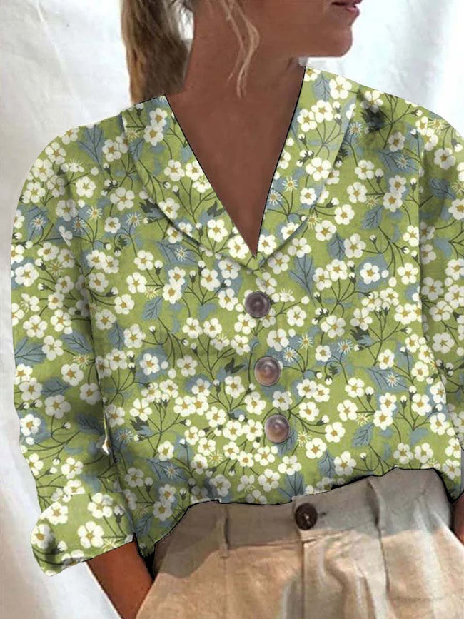 Women’s Small Floral Flowers Print Cotton Casual Blouse Multicolor / S