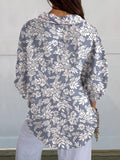 Women’s Silhouette White Floral Print On Blue Casual Linen V-Neck Shirt