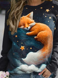 Cute Fox Warm Clouds Stars Art Print Casual Long Sleeve Sweatshirt