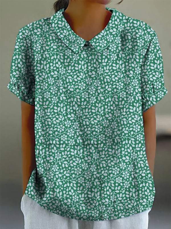 Women’s Small Green Flowers Print Casual Cotton And Linen Shirt Multicolor / S