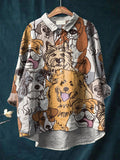 Vintage Lovely Dogs Art Print Casual Cotton And Linen Shirt Multicolor / S