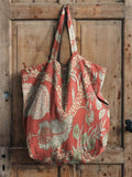 Vintage Red Floral Print Linen Tote Bag Multicolor / 43Cmx40Cm