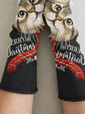 Women's Knit Vintage Merry Christmas Cat Art Printing Fingerless Gloves