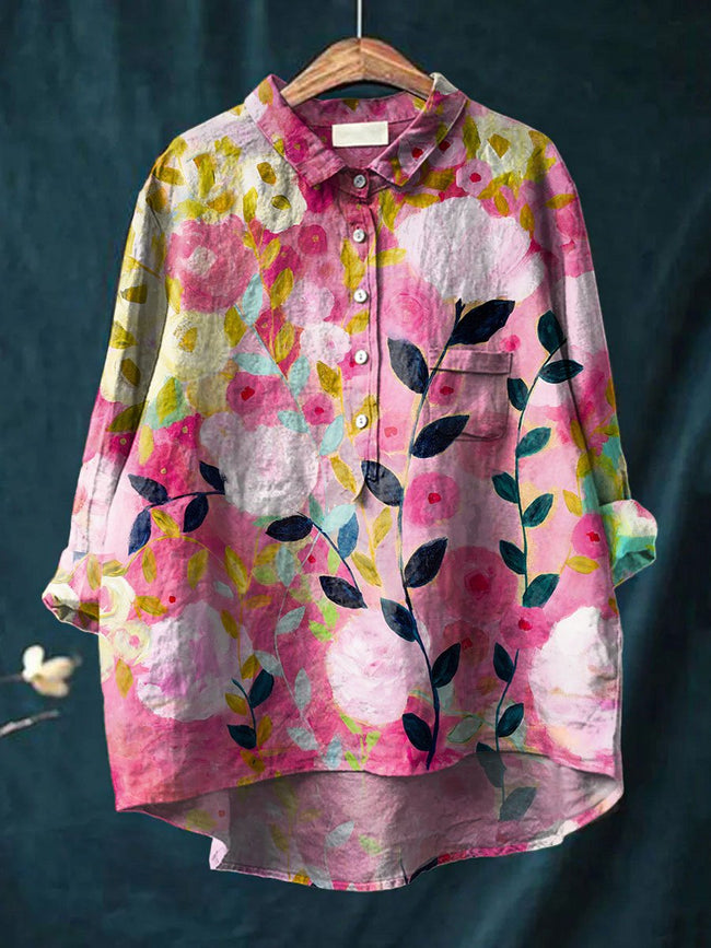 Women’s Flower Print Casual Cotton And Linen Shirt Multicolor / S