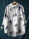 Flying Swallow Repeat Pattern Printed Women’s Casual Cotton And Linen Shirt White / S