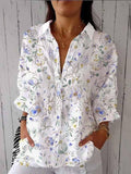 Women’s Blue Elegant Wildflower Print Casual Linen V-Neck Shirt Multicolor / S