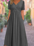 Women’s Half Sleeve V-Neck Solid Color Pockets Midi Dress Dark Gray / S