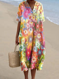 Women’s Watercolor Colorful Star Element Print Pocket Linen Dress Multicolor / S