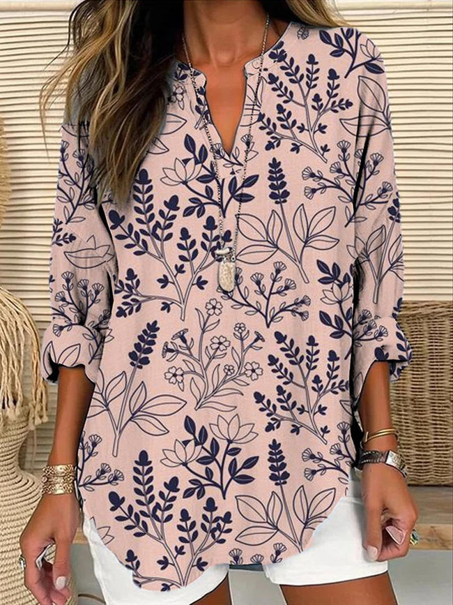 Women’s Lavender Floral Element Print Casual Linen V-Neck Shirt Multicolor / S