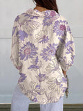 Women’s Purple Floral Print On White Casual Linen V-Neck Shirt