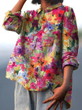 Women’s Colorful Watercolor Floral Print Casual Cotton And Linen Shirt