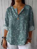 Small Floral And Vine Pattern Printed Women’s Casual Cotton Linen Shirt Green / S