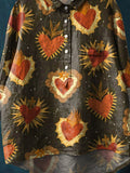 Vintage Lovely Hearts Art Print Casual Cotton And Linen Shirt