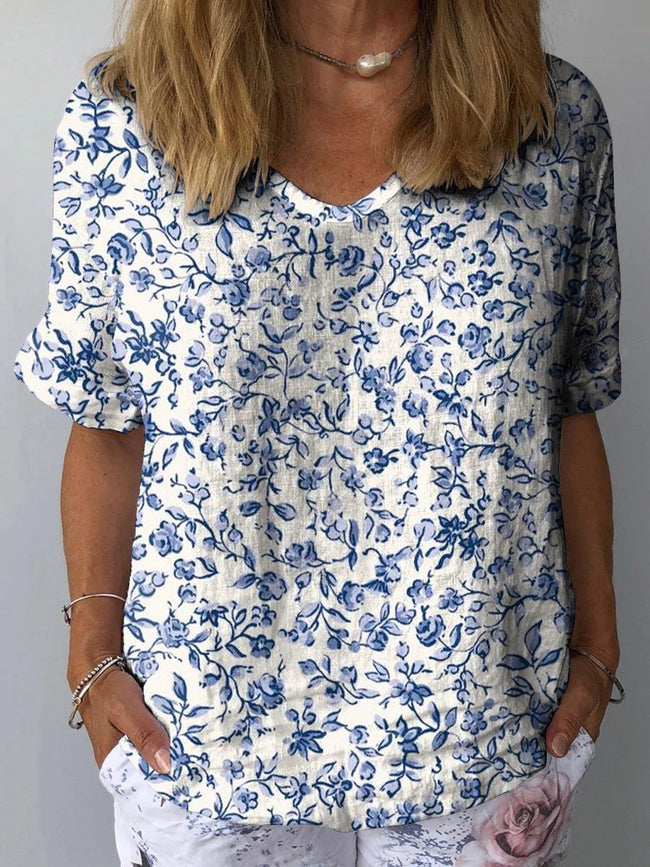 Small Floral Print In Blue Women’s Casual Cotton And Linen Shirt Multicolor / S