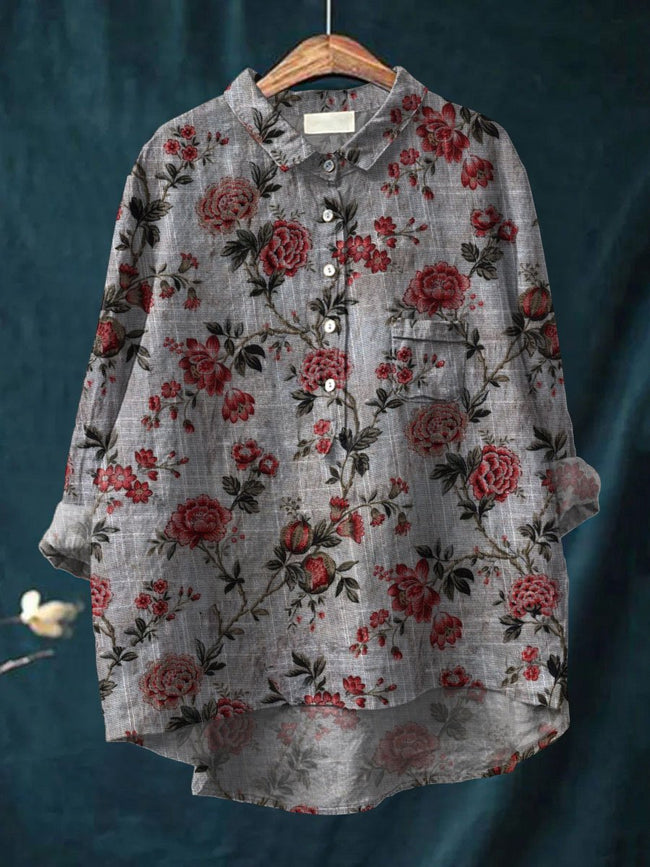 Women’s Vintage Flower Art Print Casual Cotton And Linen Shirt Multicolor / S