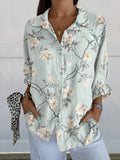 Women’s Retro White Floral Print On Light Blue Background Casual Linen V-Neck Shirt Multicolor / S