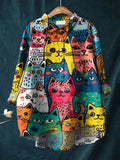 Women’s Colorful Cat Print Casual Cotton And Linen Shirt Multicolor / S