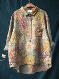 Vintage Ethnic Pattern Art Print Casual Cotton And Linen Shirt Multicolor / S