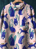 Lovely Cat Pattern Printed Women’s Casual Cotton And Linen Shirt