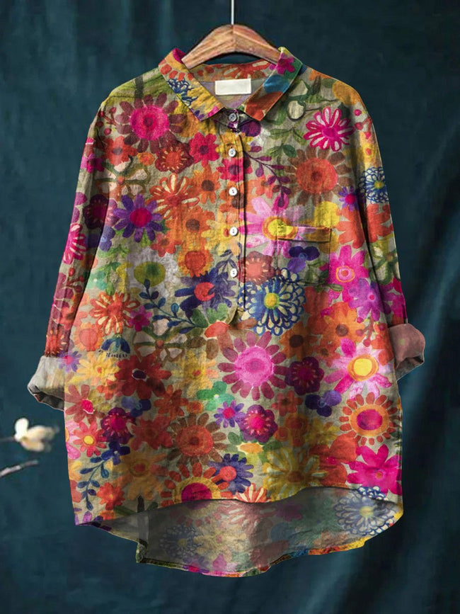 Women’s Vintage Flower Art Print Casual Cotton And Linen Shirt Multicolor / S