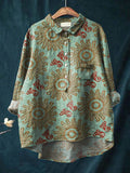 Women’s Vintage Ethnic Sun Pattern Art Print Casual Cotton And Linen Shirt Multicolor / S