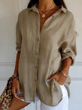 Women’s Single-Row Buttons Pleated Solid Color Shirt Khaki / S