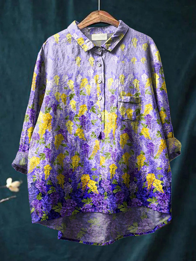 Women’s Floral Art Print Casual Cotton And Linen Shirt Multicolor / S