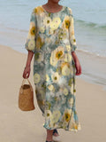 Women’s Elegant Yellow Floral Print Pocket Cotton Dress Multicolor / S