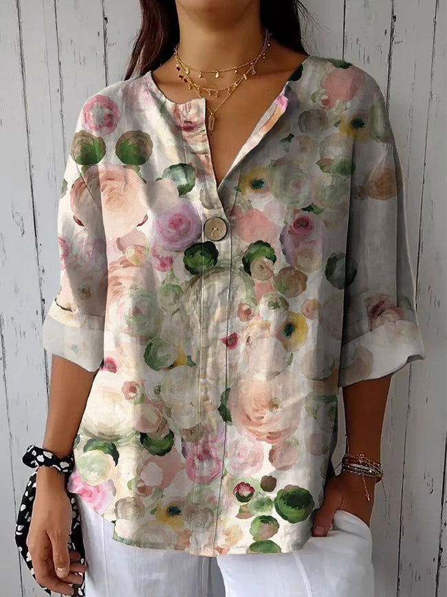 Women’s Flower Print Casual Cotton Linen Shirt Multicolor / S