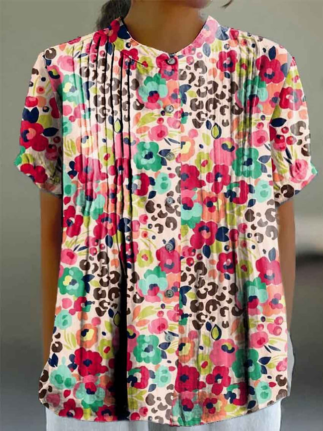 Women’s Red Floral Leopard Print Casual Cotton And Linen Shirt Multicolor / S